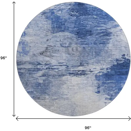 8' Blue And Ivory Abstract Washable Round Rug With UV Protection Photo 3