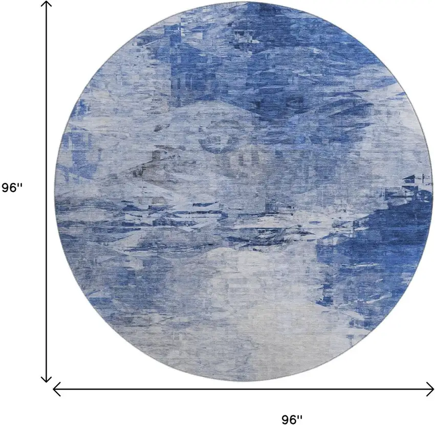 8' Blue And Ivory Abstract Washable Round Rug With UV Protection Photo 3