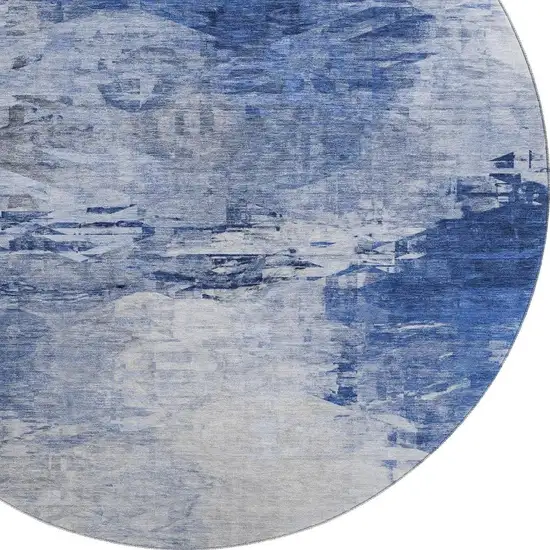 8' Blue And Ivory Abstract Washable Round Rug With UV Protection Photo 5
