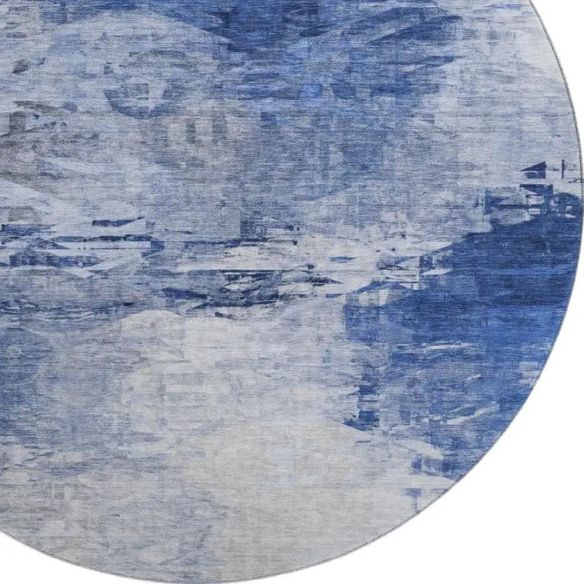 8' Blue And Ivory Abstract Washable Round Rug With UV Protection Photo 5