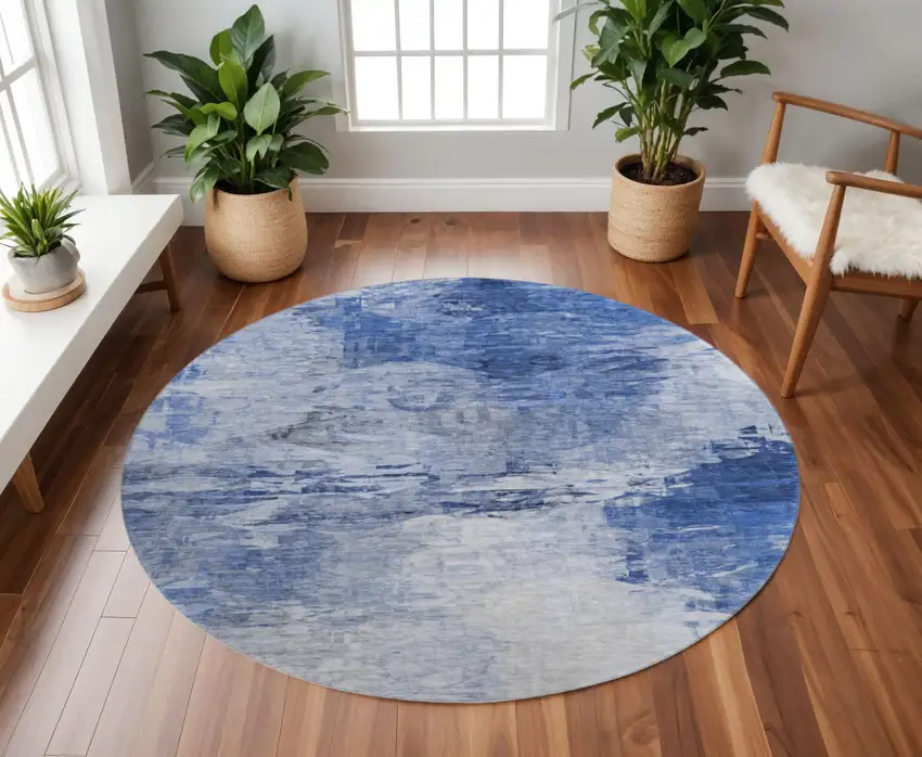 8' Blue And Ivory Abstract Washable Round Rug With UV Protection Photo 2