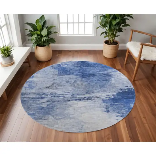8' Blue And Ivory Abstract Washable Round Rug With UV Protection Photo 2