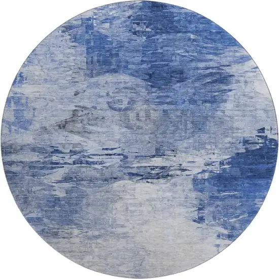 8' Blue And Ivory Abstract Washable Round Rug With UV Protection Photo 1