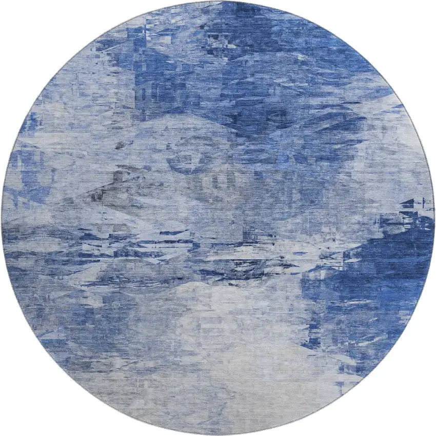 8' Blue And Ivory Abstract Washable Round Rug With UV Protection Photo 1