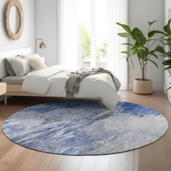 8' Blue And Ivory Abstract Washable Round Rug With UV Protection Photo 4