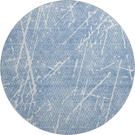 8' Blue And Ivory Abstract Washable Round Rug With UV Protection Photo 2