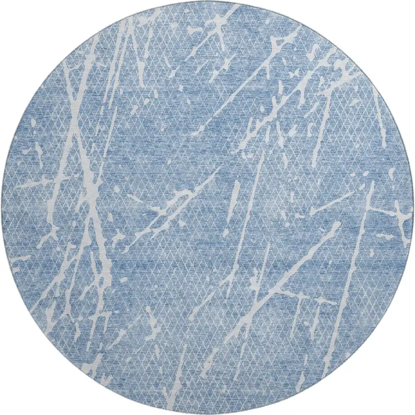 8' Blue And Ivory Abstract Washable Round Rug With UV Protection Photo 2