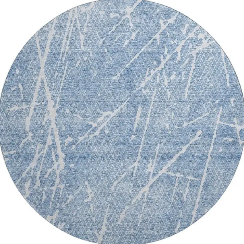 8' Blue And Ivory Abstract Washable Round Rug With UV Protection Photo 3