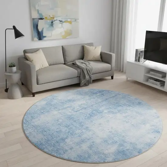 8' Blue And Ivory Abstract Washable Round Rug With UV Protection Photo 2