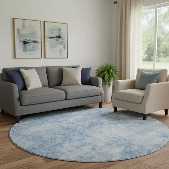 8' Blue And Ivory Abstract Washable Round Rug With UV Protection Photo 1