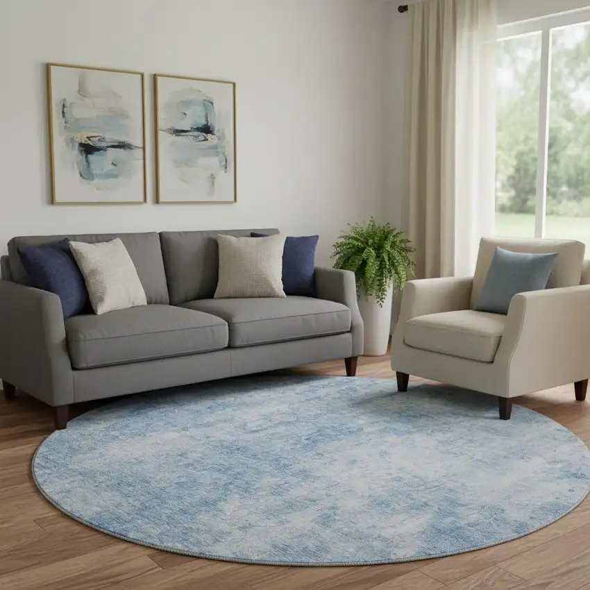 8' Blue And Ivory Abstract Washable Round Rug With UV Protection Photo 1