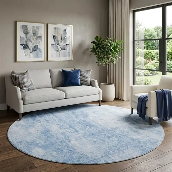 8' Blue And Ivory Abstract Washable Round Rug With UV Protection Photo 1