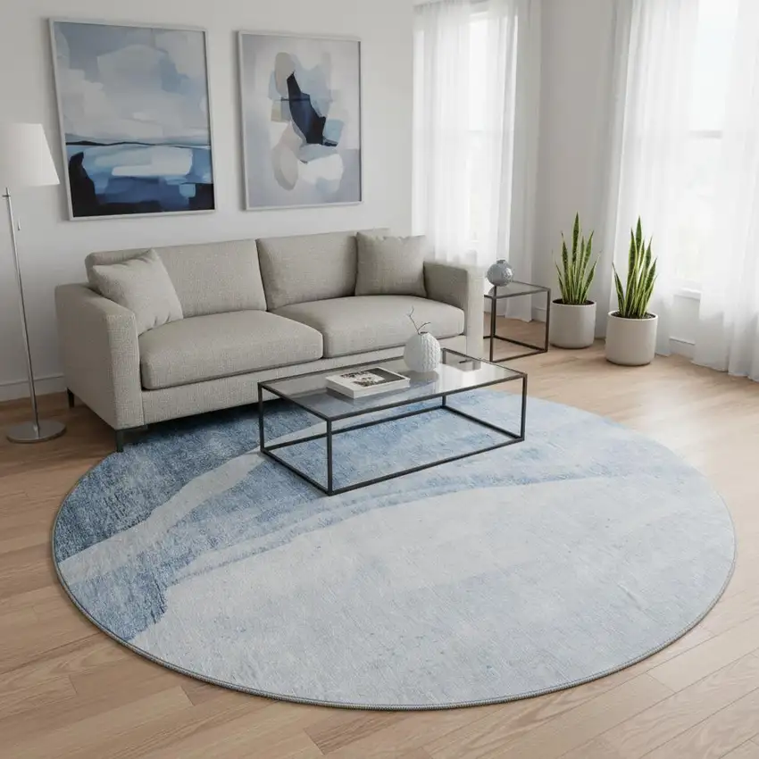 8' Blue And Ivory Abstract Washable Round Rug With UV Protection Photo 2