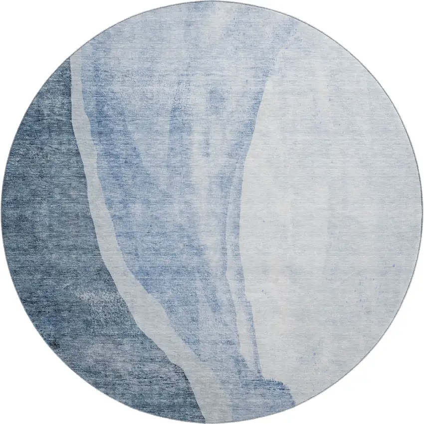 8' Blue And Ivory Abstract Washable Round Rug With UV Protection Photo 1