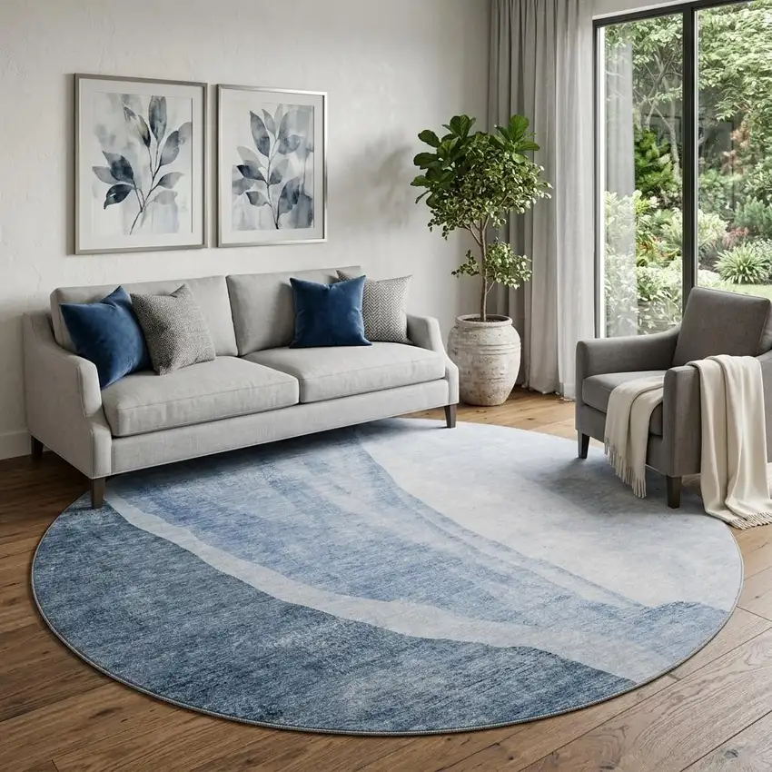 8' Blue And Ivory Abstract Washable Round Rug With UV Protection Photo 1