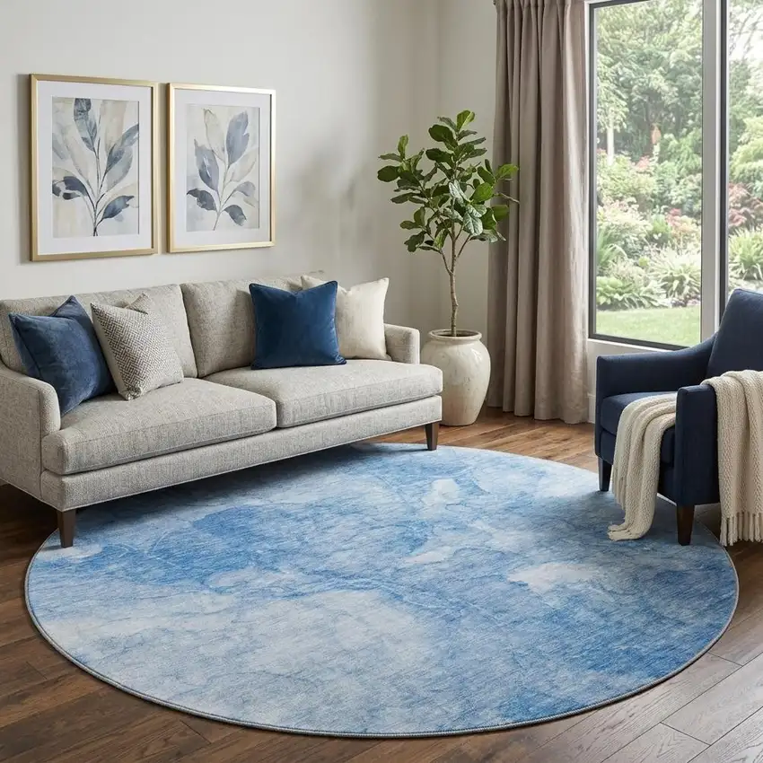 8' Blue And Ivory Abstract Washable Round Rug With UV Protection Photo 1