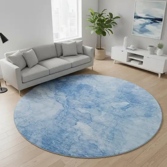 8' Blue And Ivory Abstract Washable Round Rug With UV Protection Photo 2