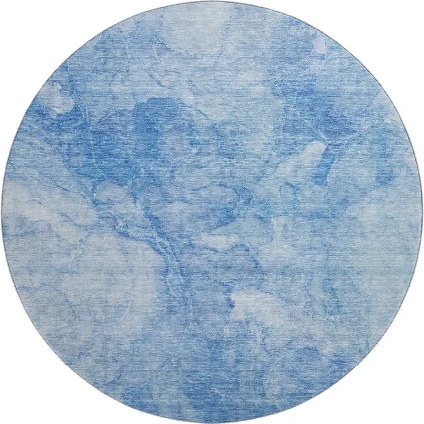 8' Blue And Ivory Abstract Washable Round Rug With UV Protection Photo 1