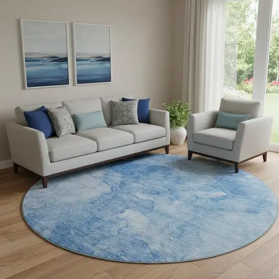8' Blue And Ivory Abstract Washable Round Rug With UV Protection Photo 1