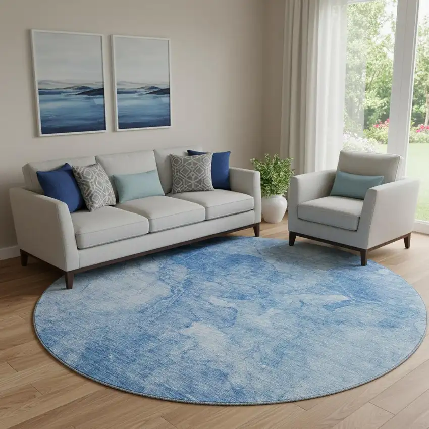8' Blue And Ivory Abstract Washable Round Rug With UV Protection Photo 1