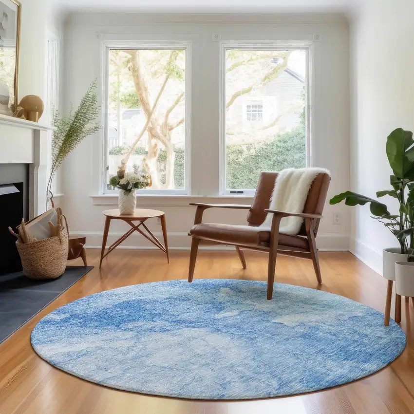 8' Blue And Ivory Abstract Washable Round Rug With UV Protection Photo 4