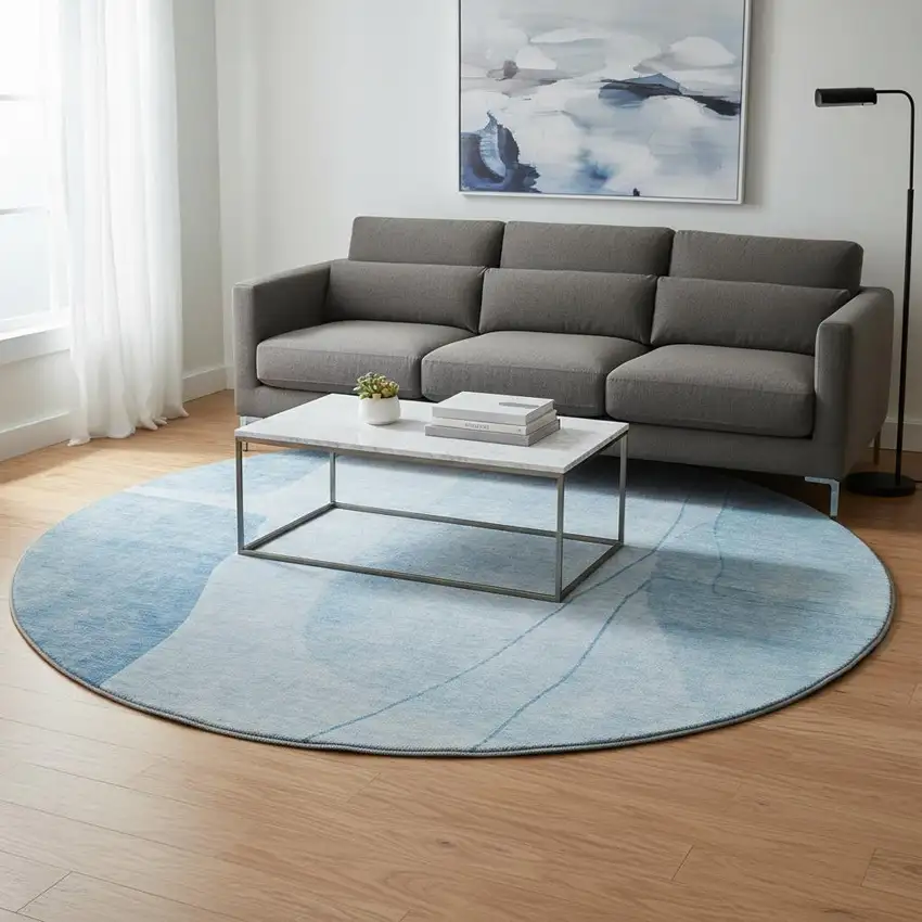 8' Blue And Ivory Abstract Washable Round Rug With UV Protection Photo 2