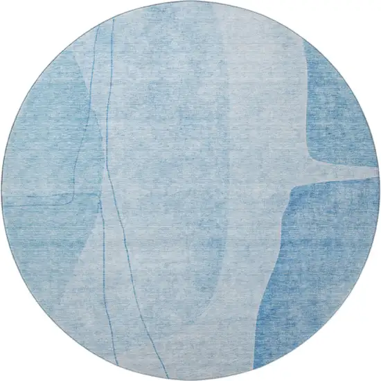 8' Blue And Ivory Abstract Washable Round Rug With UV Protection Photo 3