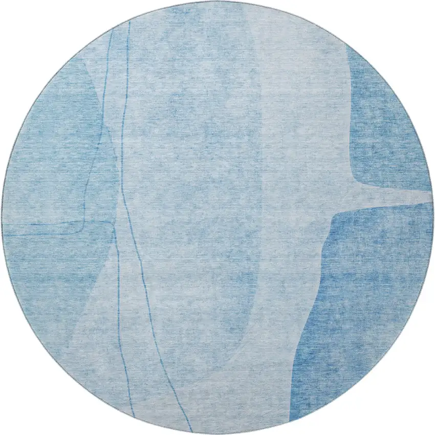 8' Blue And Ivory Abstract Washable Round Rug With UV Protection Photo 3