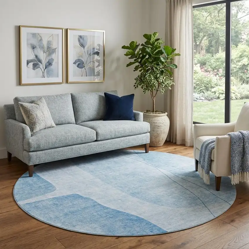 8' Blue And Ivory Abstract Washable Round Rug With UV Protection Photo 1