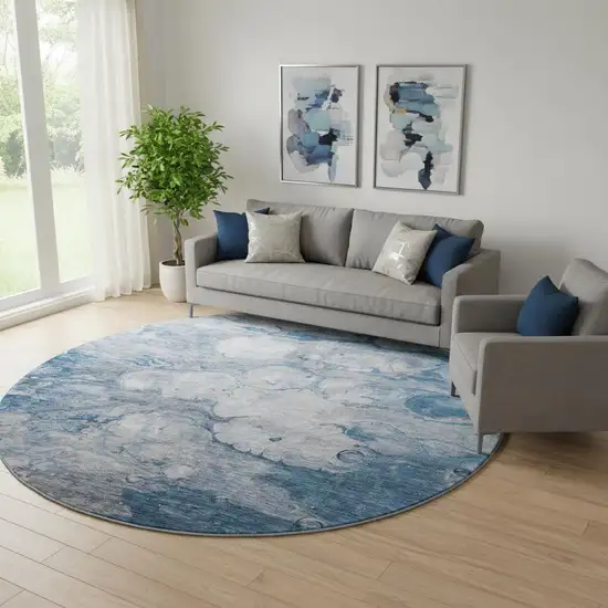 8' Blue And Ivory Abstract Washable Round Rug With UV Protection Photo 1