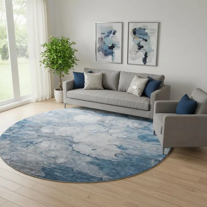8' Blue And Ivory Abstract Washable Round Rug With UV Protection Photo 1