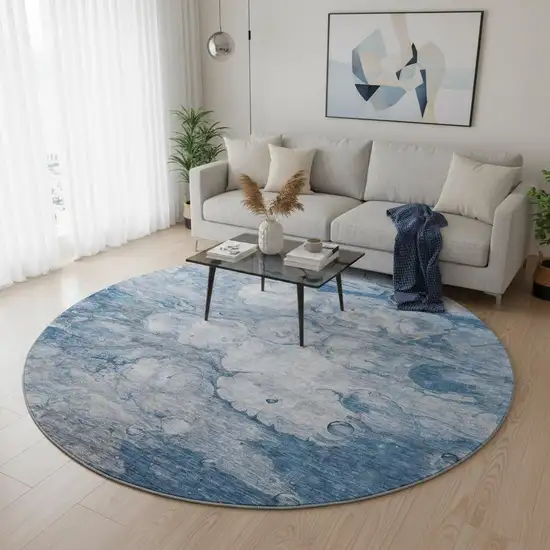 8' Blue And Ivory Abstract Washable Round Rug With UV Protection Photo 2