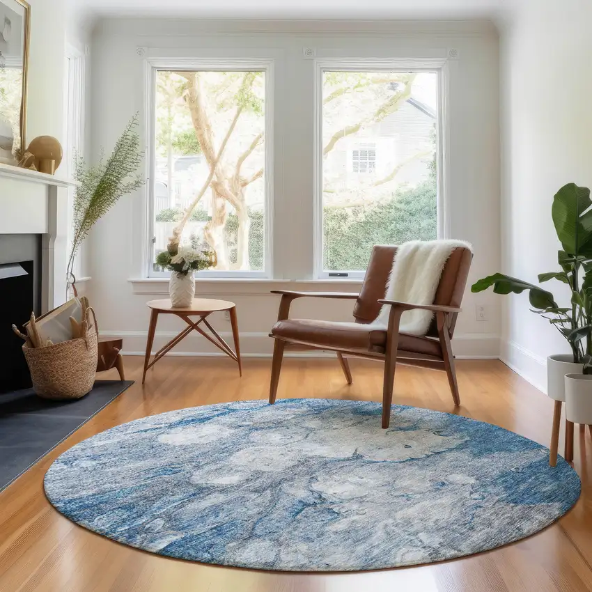 8' Blue And Ivory Abstract Washable Round Rug With UV Protection Photo 4