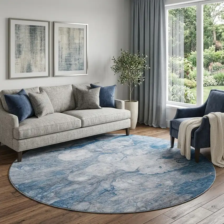 8' Blue And Ivory Abstract Washable Round Rug With UV Protection Photo 1