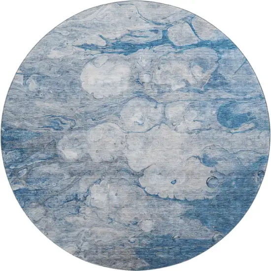 8' Blue And Ivory Abstract Washable Round Rug With UV Protection Photo 6