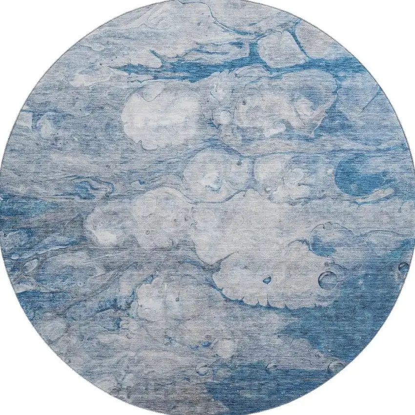8' Blue And Ivory Abstract Washable Round Rug With UV Protection Photo 1