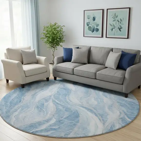 8' Blue And Ivory Abstract Washable Round Rug With UV Protection Photo 1