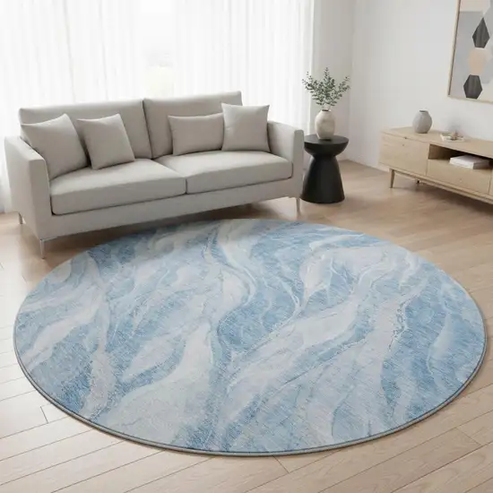 8' Blue And Ivory Abstract Washable Round Rug With UV Protection Photo 2
