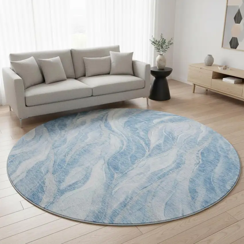 8' Blue And Ivory Abstract Washable Round Rug With UV Protection Photo 2