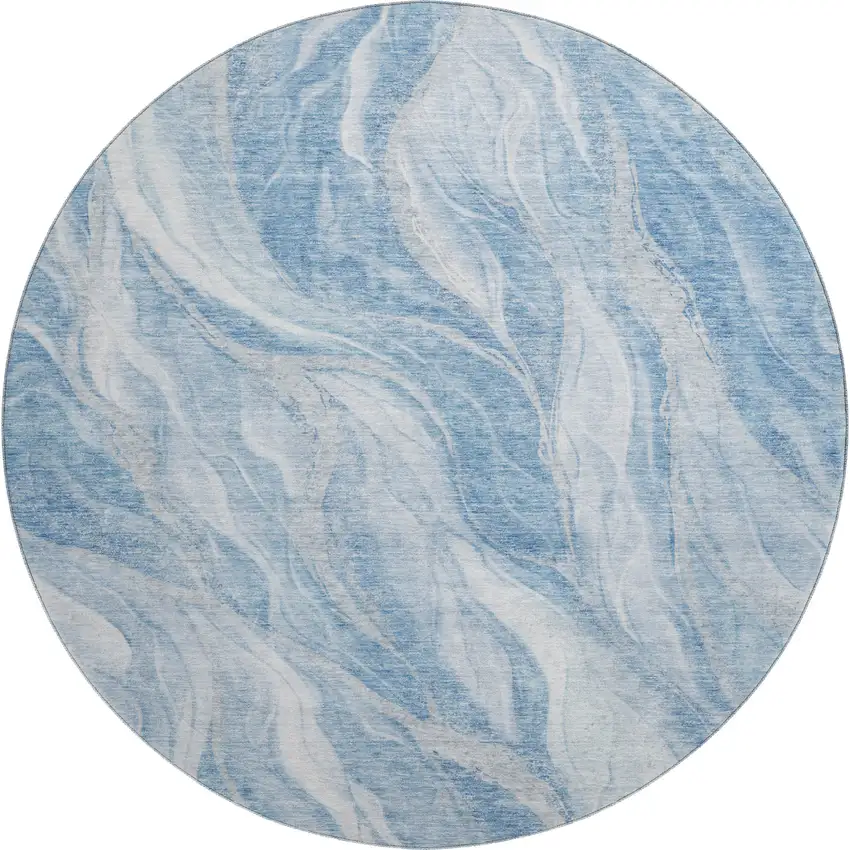 8' Blue And Ivory Abstract Washable Round Rug With UV Protection Photo 2