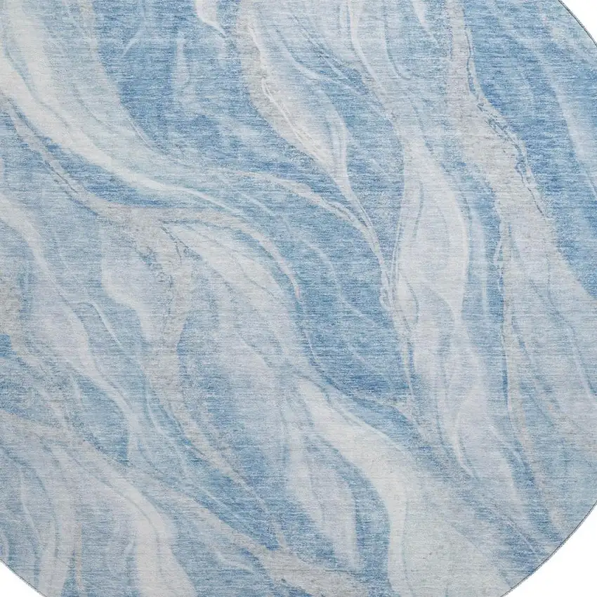 8' Blue And Ivory Abstract Washable Round Rug With UV Protection Photo 3