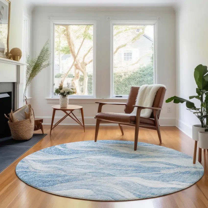 8' Blue And Ivory Abstract Washable Round Rug With UV Protection Photo 5