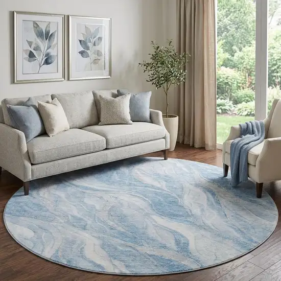 8' Blue And Ivory Abstract Washable Round Rug With UV Protection Photo 1
