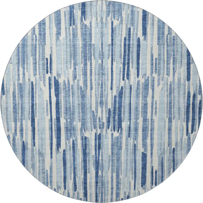 8' Blue And Ivory Abstract Washable Round Rug With UV Protection Photo 4