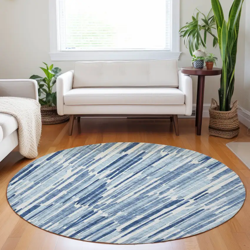 8' Blue And Ivory Abstract Washable Round Rug With UV Protection Photo 5