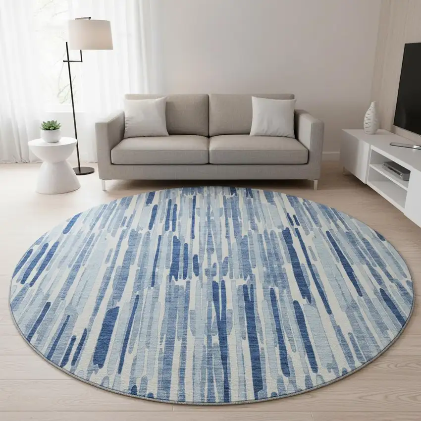 8' Blue And Ivory Abstract Washable Round Rug With UV Protection Photo 2