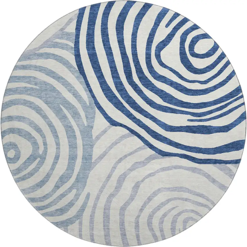 8' Blue And Ivory Abstract Washable Round Rug With UV Protection Photo 1
