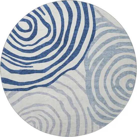 8' Blue And Ivory Abstract Washable Round Rug With UV Protection Photo 4