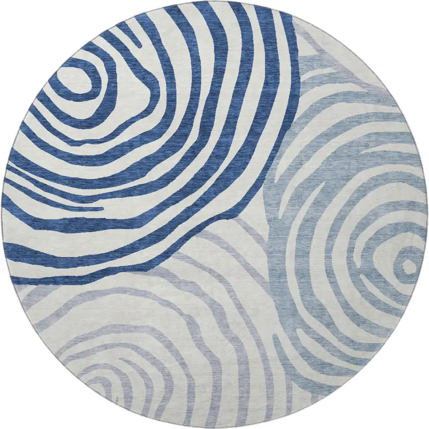 8' Blue And Ivory Abstract Washable Round Rug With UV Protection Photo 4