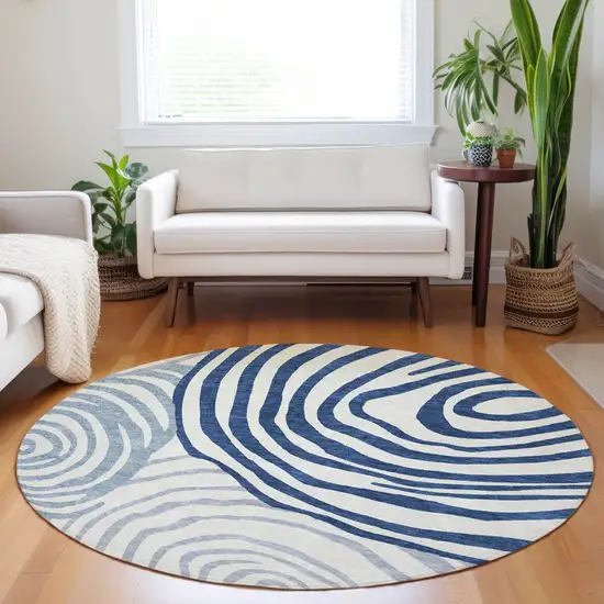 8' Blue And Ivory Abstract Washable Round Rug With UV Protection Photo 5